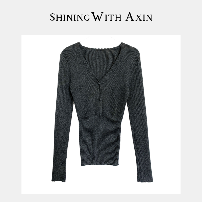 阿昕亮晶晶 灰天鹅 秋冬百搭羊毛V领修身套头针织长袖衫AX230636