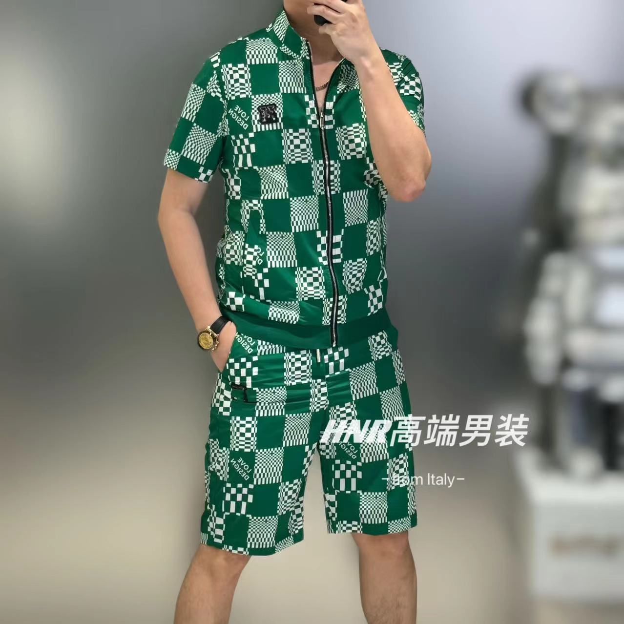 马赛克棋盘格拼接新款高端男士夏季时尚百搭休闲潮流短袖套装6059