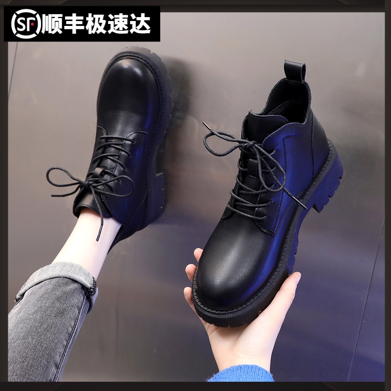 显脚小马丁靴女2023年春季新款英伦风瘦瘦单靴低帮平底短靴小码35