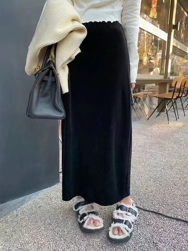 爱丽家新款加绒松紧腰显瘦直筒丝绒半身裙11080Q