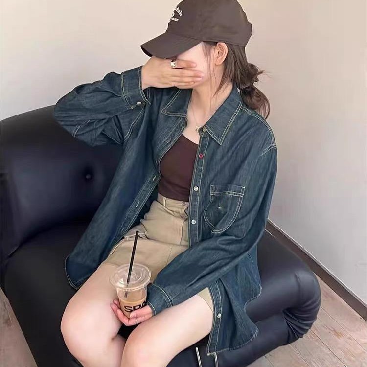 衬衫-23272S新款休闲宽松百搭气质复古翻领长袖牛仔衬衫