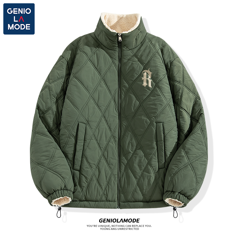 GENIOLAMODE美式潮牌立领保暖加绒外套男冬季加厚时尚休闲棉服潮