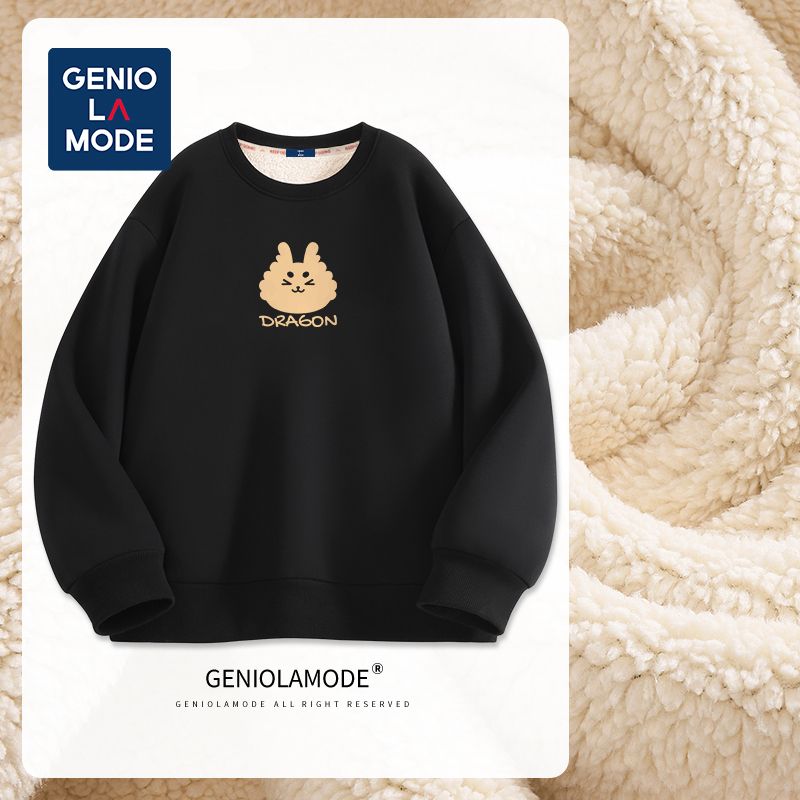 GENIOLAMODE圆领宽松加绒卫衣男冬季新款简约保暖无帽长袖外套潮