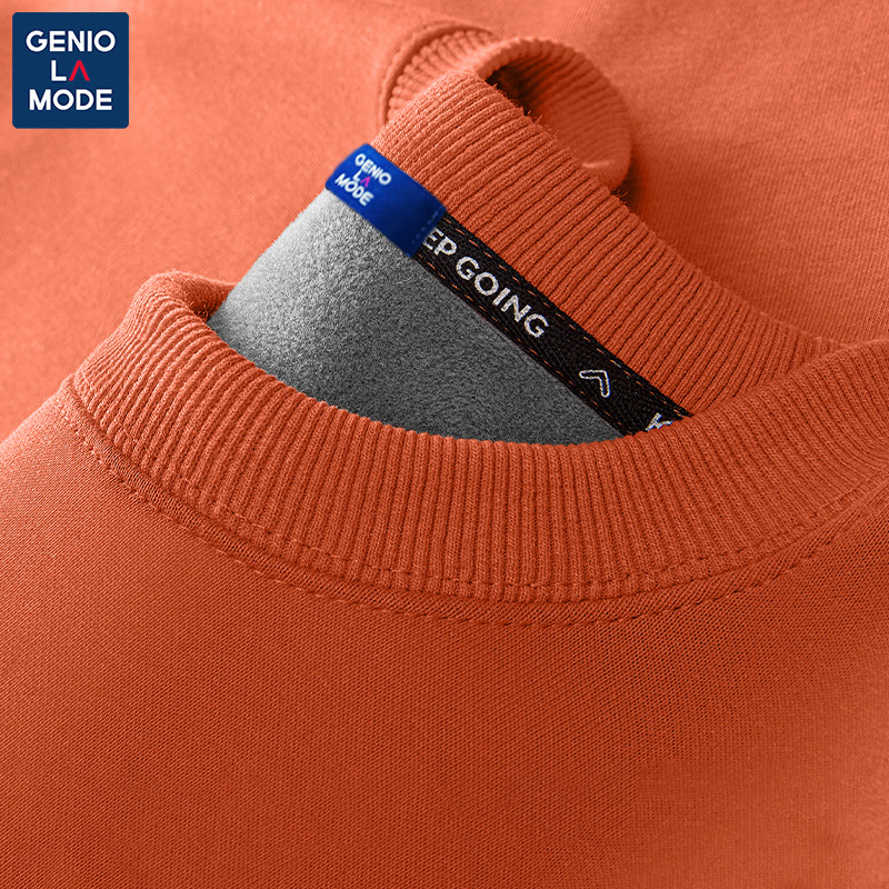 GENIOLAMODE脏橘色卫衣男加绒加厚秋冬款保暖男生纯色圆领外套潮