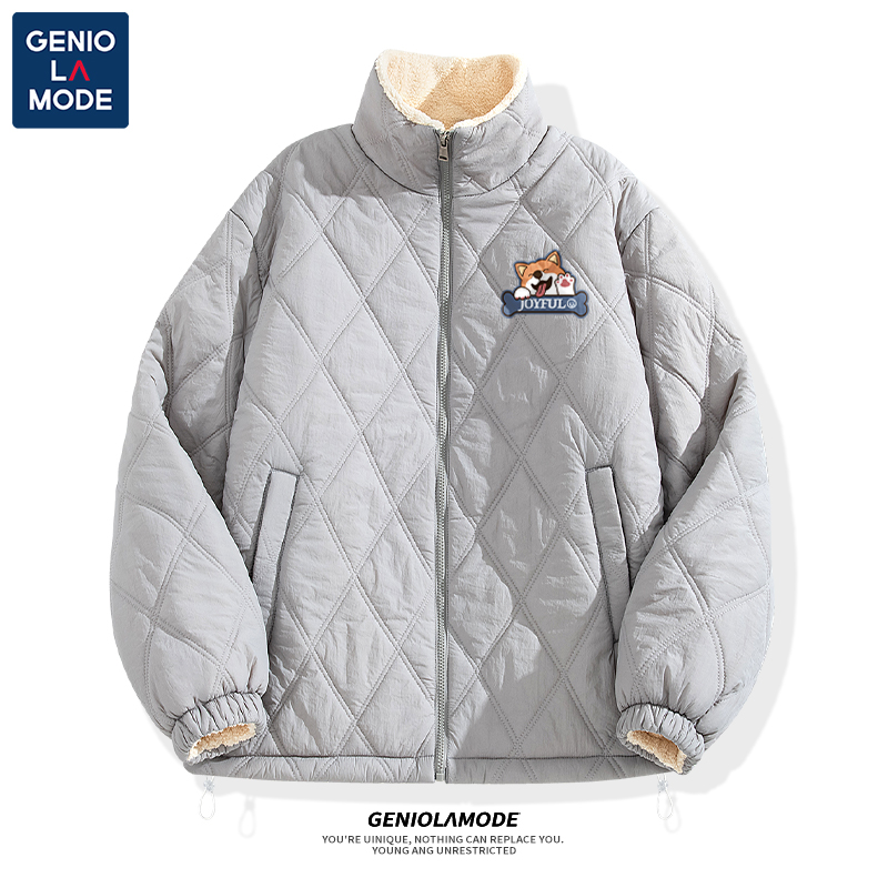 GENIOLAMODE时尚保暖棉服男冬季美式轻薄菱形格男生外穿立领棉袄