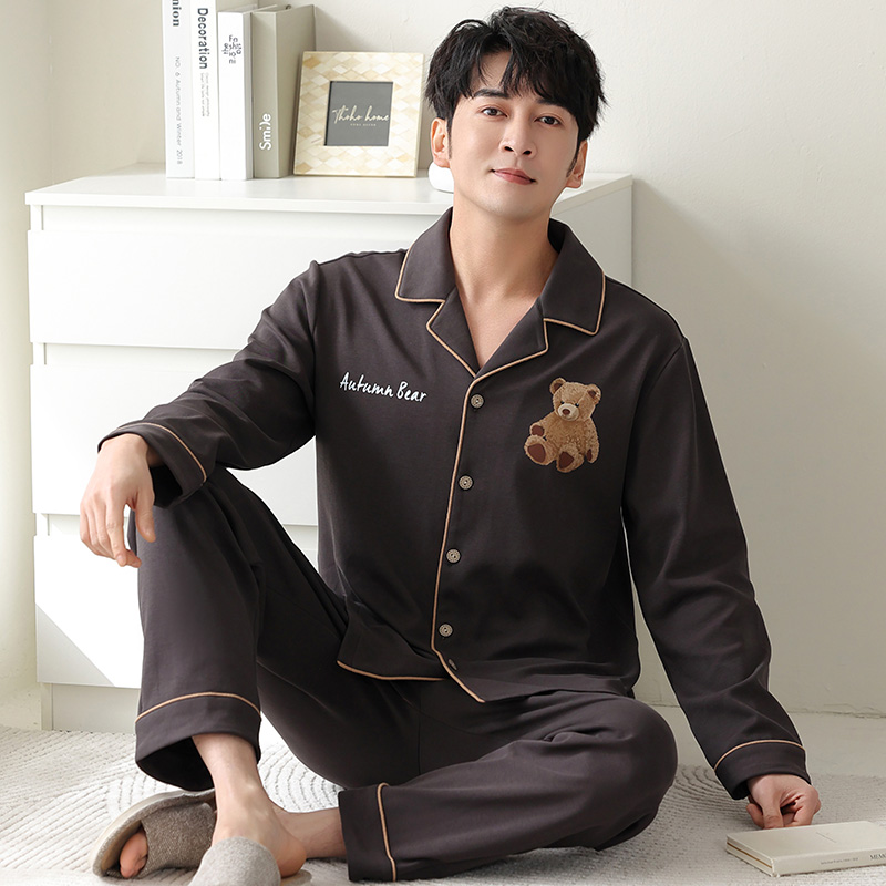 男士睡衣春秋季休闲长袖新款开衫家居服青少年可外穿纯棉衬衫套装