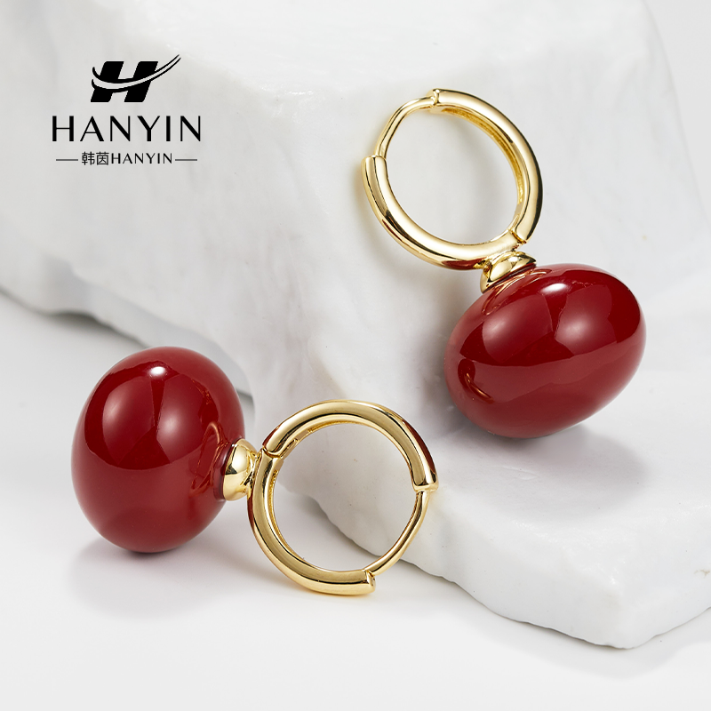 HANYIN/韩茵 铜合金仿珍珠耳饰 16mm大颗红色馒头珠珠复古风耳扣
