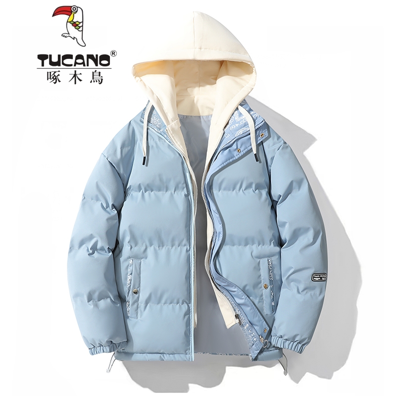 啄木鸟假两件连帽棉服男女2023冬季加厚保暖宽松棉袄情侣棉衣外套