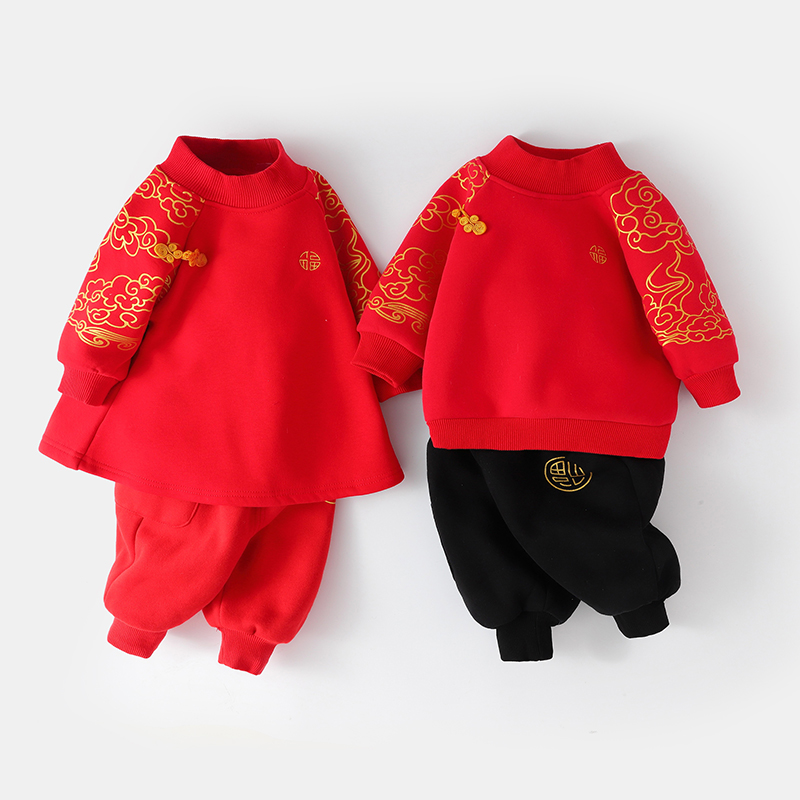 婴儿拜年服宝宝中国风新年装男小儿童红色过年喜庆唐装汉服女外穿