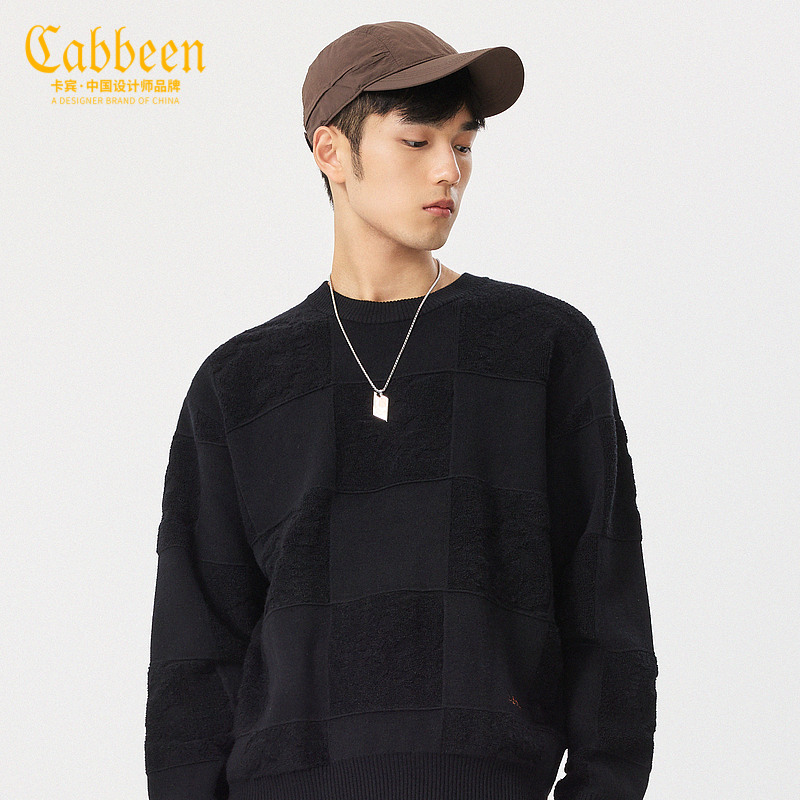 CABBEEN卡宾男装棋盘格提花针织衫2023新款潮宽松毛衣3224107013