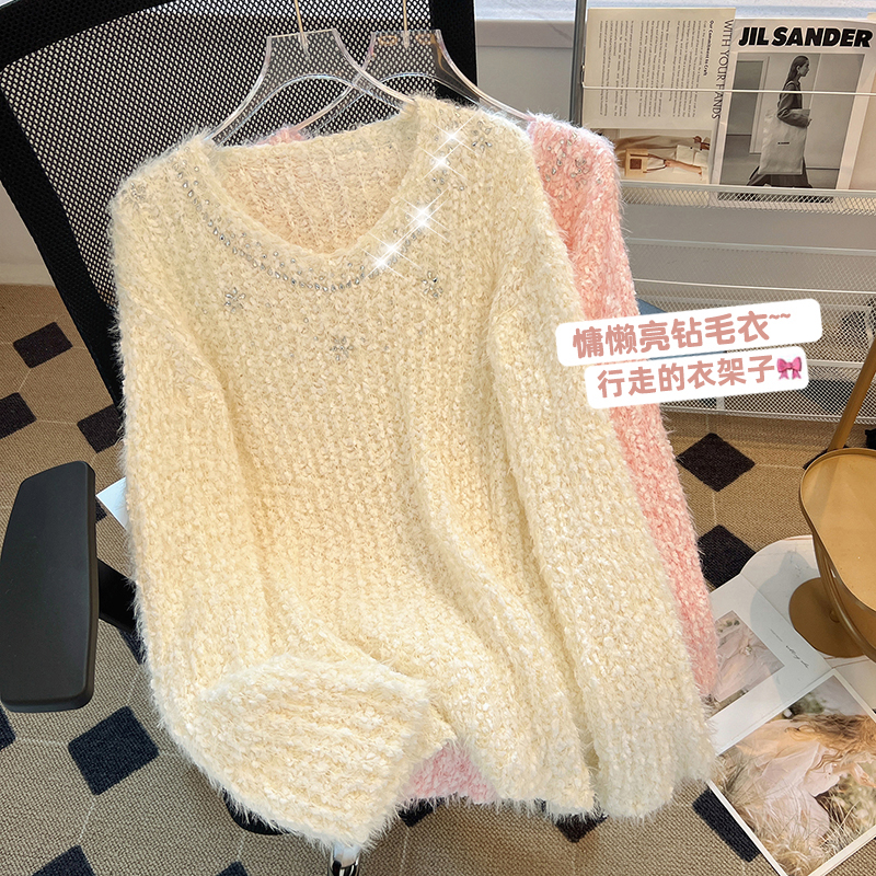 2023冬装新款法式甜美重工镶钻水貂绒毛衣女宽松慵懒风针织上衣潮