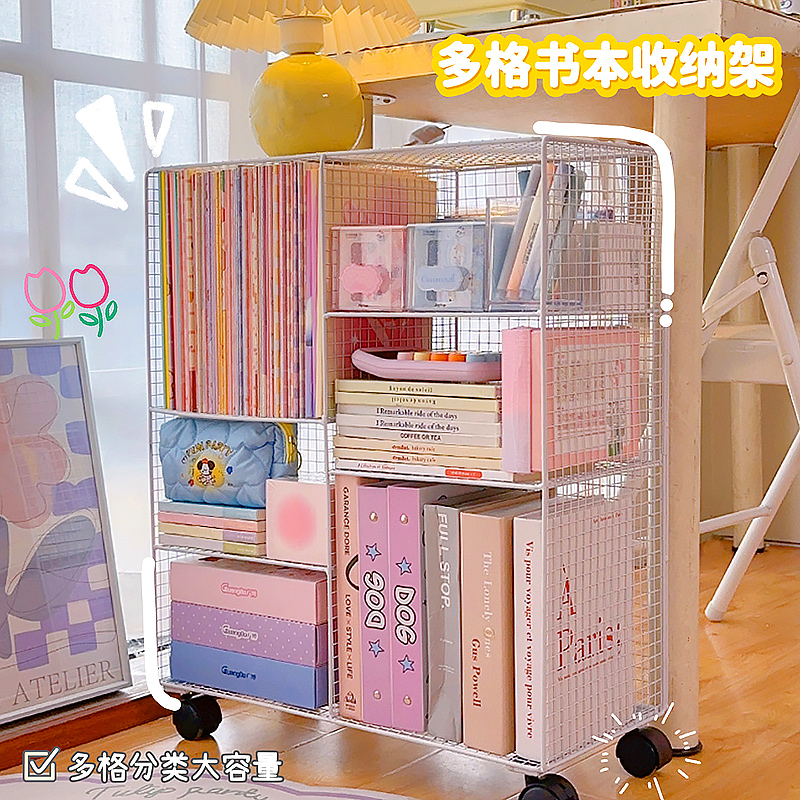 多层铁艺书架儿童书桌落地置物架简易可移动带轮小学生书本收纳柜