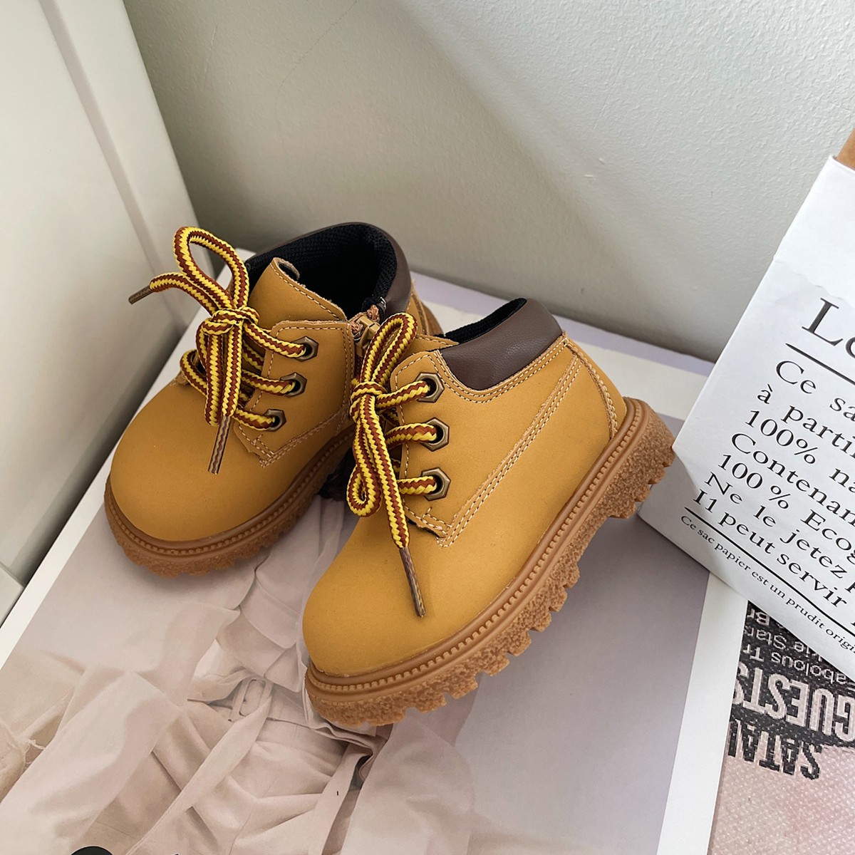 XYBB儿童马丁靴短靴英伦风软底靴子学步踢不烂户外童鞋小童小黄靴