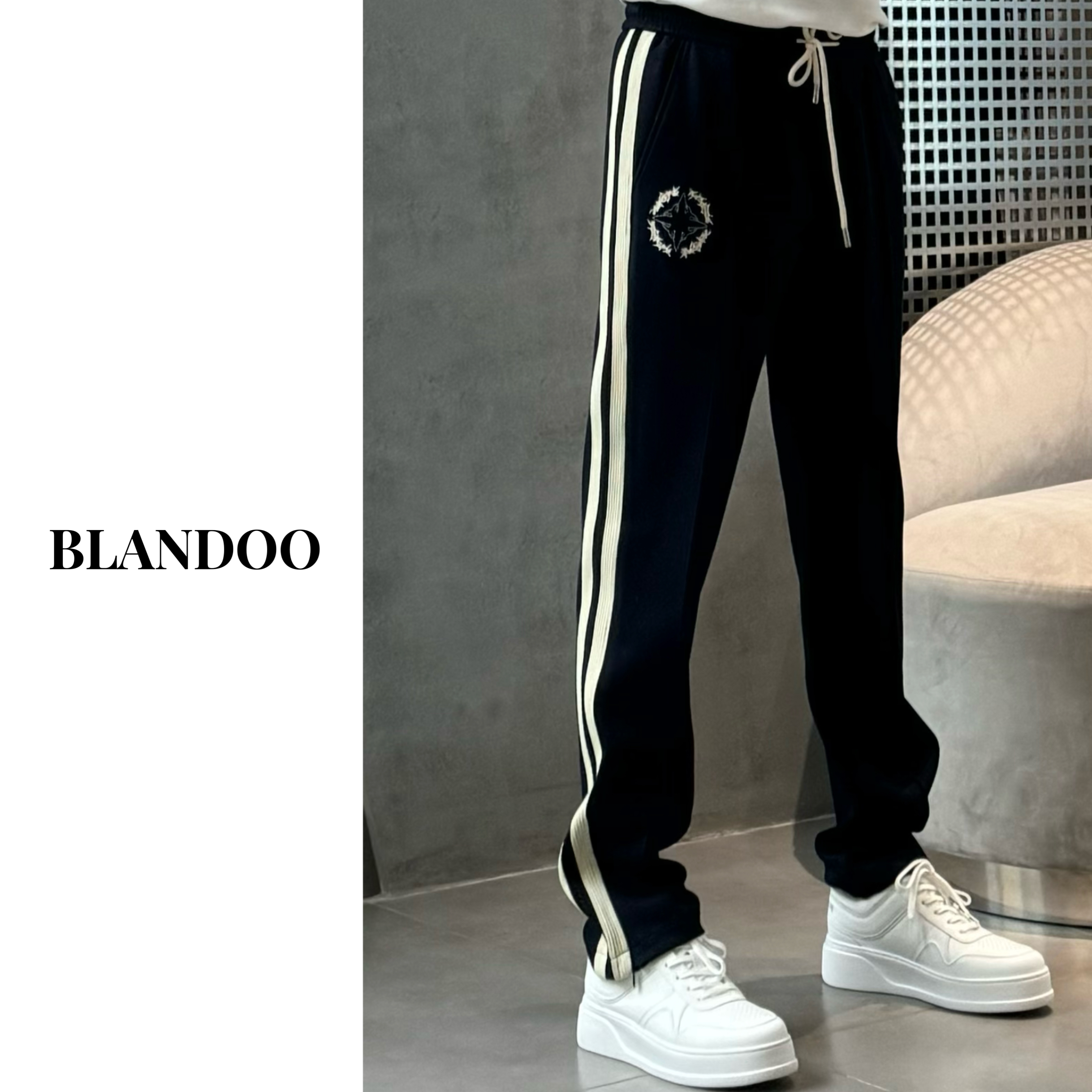 BLANDOO 男士秋冬时尚侧条纹直筒抽绳休闲裤23K8601
