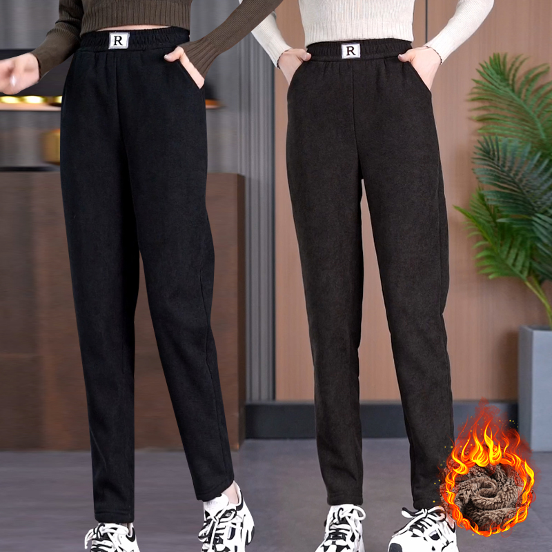 加厚女裤冬季2023新款中年妈妈灯芯绒裤子松紧腰加绒加厚哈伦裤