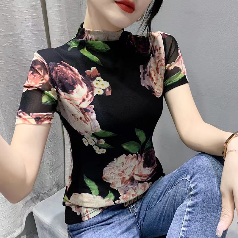 【主播推荐】2023夏季新款半高领修身印花短袖T恤女洋气打底衫潮