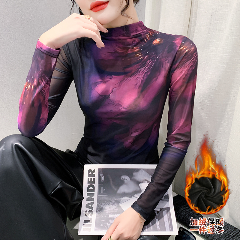 【玲玲纱衣专属】高领长袖网纱定位印花t恤时尚修身洋气百搭打底衫