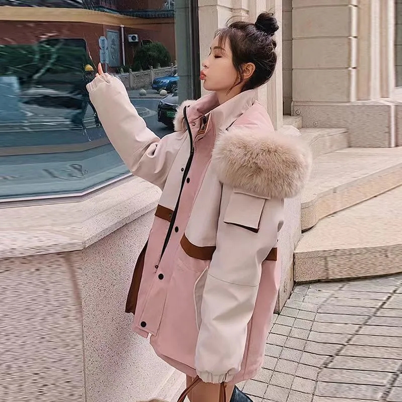 派克服女2023新款冬季爆款韩系撞色拼接加绒加厚外套工装棉衣棉服