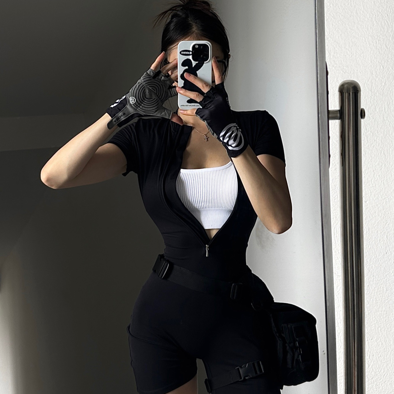 王娇WANGJIAO-夏季拉链短袖瑜伽连体服女舞蹈健身紧身运动连体衣