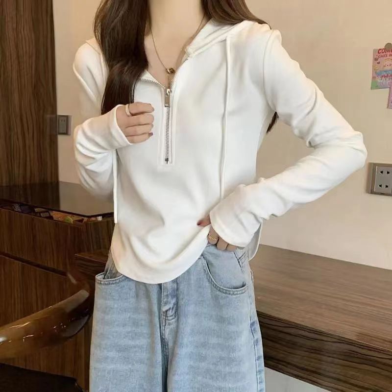 【宝藏衣橱】上衣女款新弧形下摆上衣百搭半拉链长袖连帽卫衣 M923