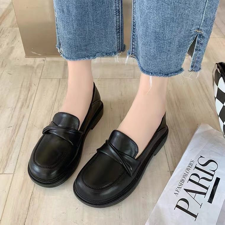 乐福鞋女2023秋冬季新款厚底黑色英伦风小皮鞋百搭女鞋一脚蹬单鞋