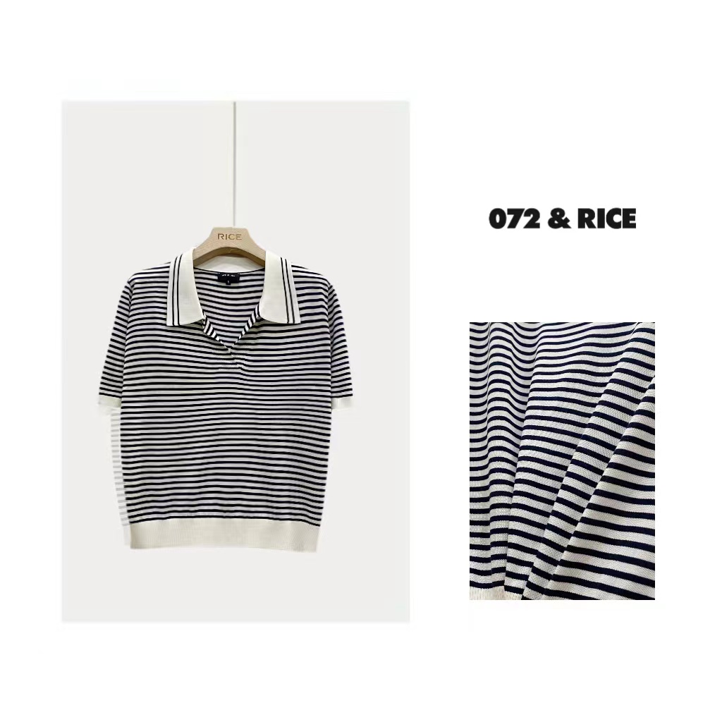 *072 & RICE【私服五线】翻领条纹短袖针织衫 LE106 FL