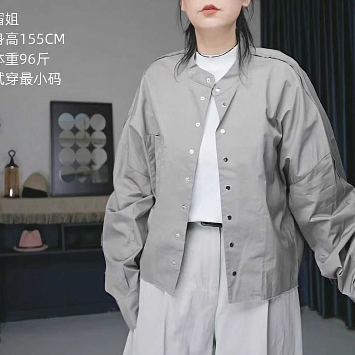 10681经典韩百搭银扣短款衬衫/衬衣外套