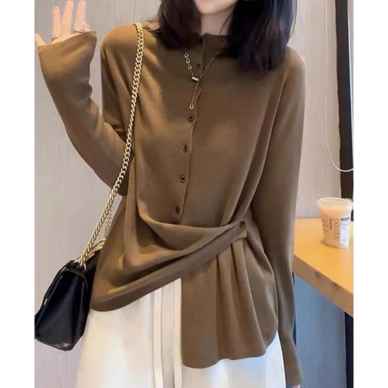 SS716慵懒长袖不规则针织开衫女时尚欧货百搭圆领上衣宽松打底衫