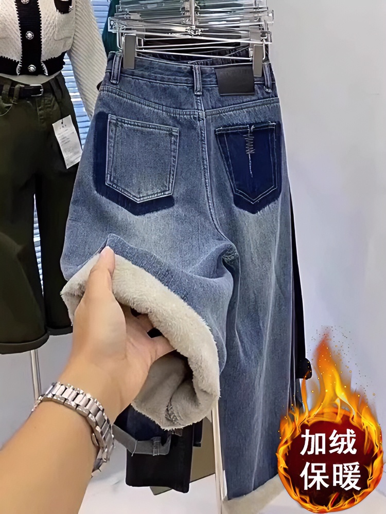 加绒加厚哈伦牛仔裤女冬季新款大码胖mm高腰宽松显瘦阔腿萝卜裤子