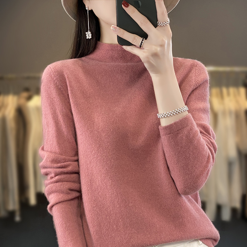 2023秋冬新款半高领针织羊毛衫女长袖百搭加厚宽松显瘦针织打底衫