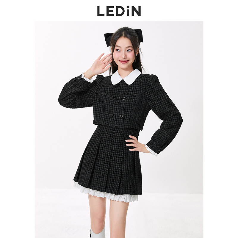 【丸子专属】乐町假两件连衣裙气质小香风套装富家千金黑色裙子翻领