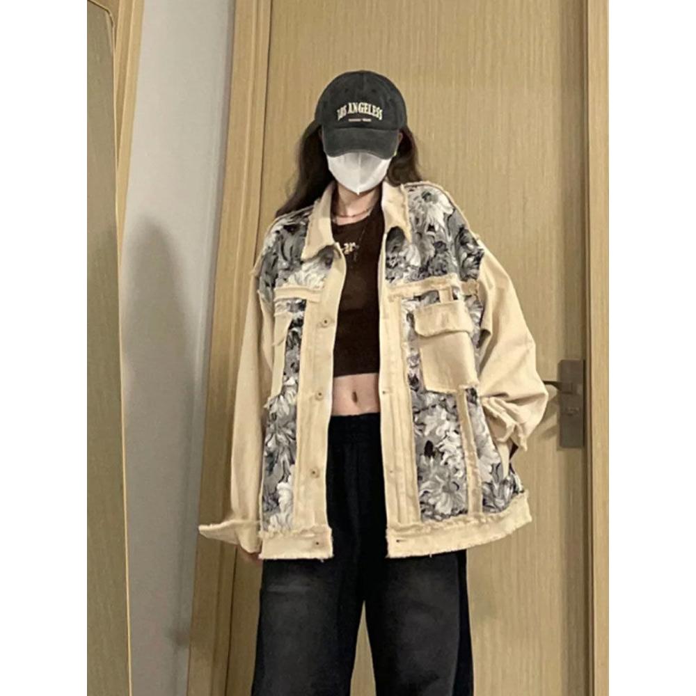 2023新款水墨牛仔外套女春秋小众设计感拼接韩系宽松百搭夹克上衣