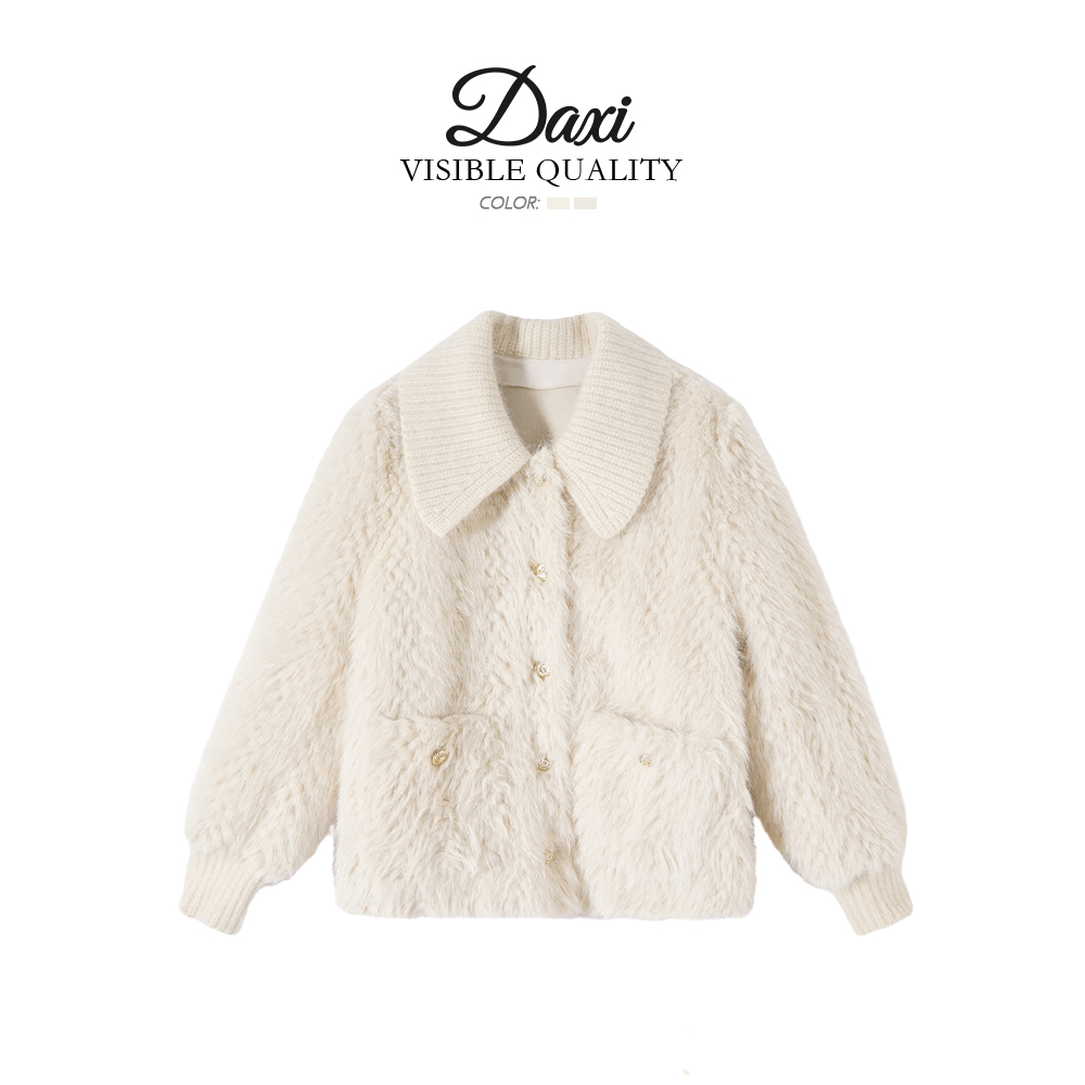 DX.DAXI【白色恋人】2023冬季新款时尚针织翻领短款毛绒外套6106