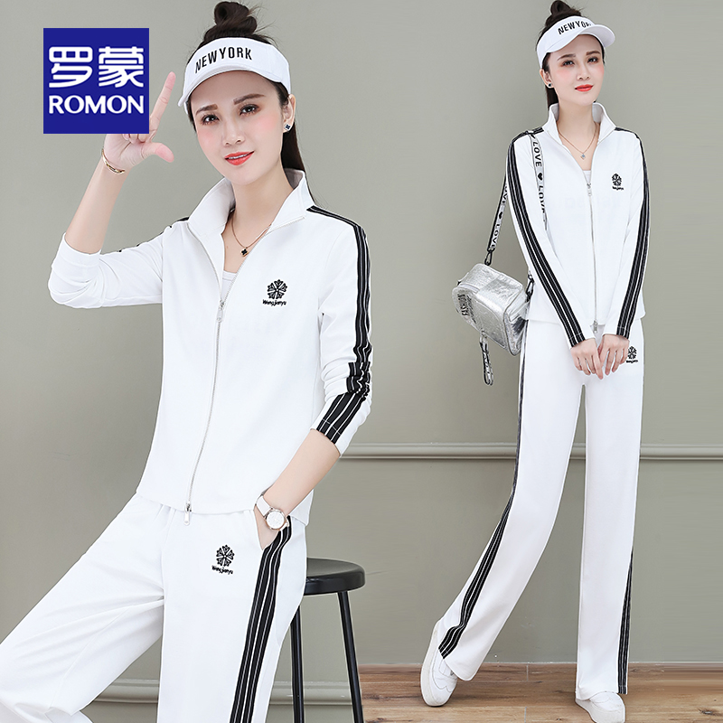 Romon/罗蒙立领休闲套装女2023春秋新款时尚洋气长袖棒球服两件套