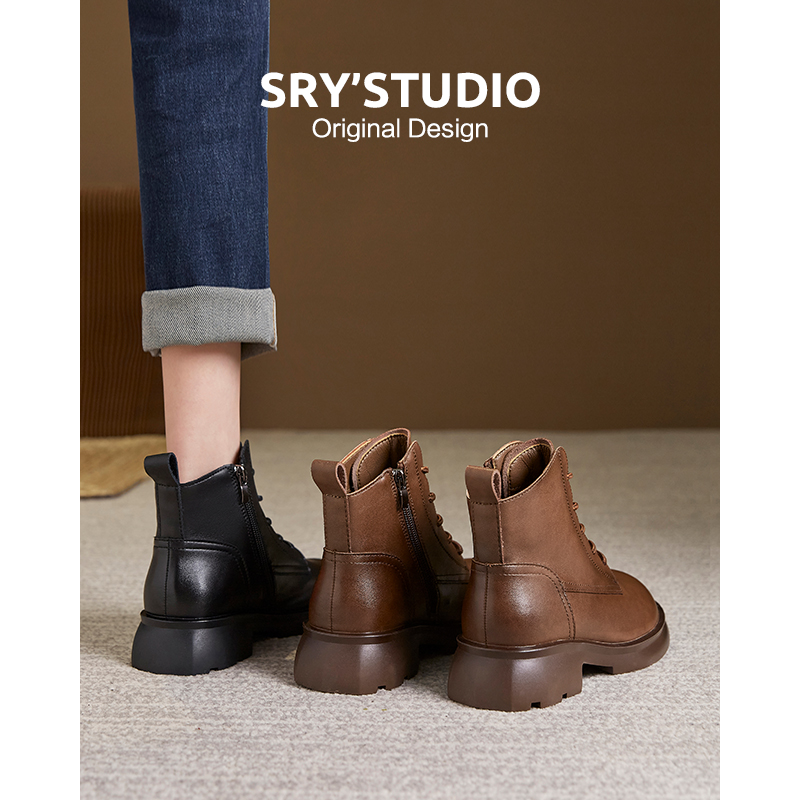 CZ6915牛皮加绒软底拉链炸街小短靴女2024秋冬季英伦风棕色马丁靴
