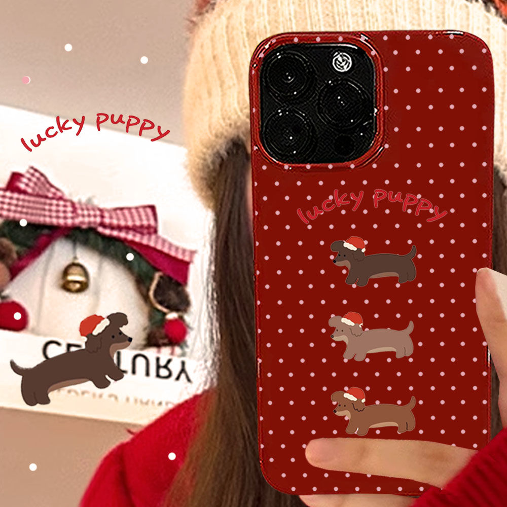 波点腊肠狗适用苹果15手机壳iPhone13promax酒红14plus防摔12软11