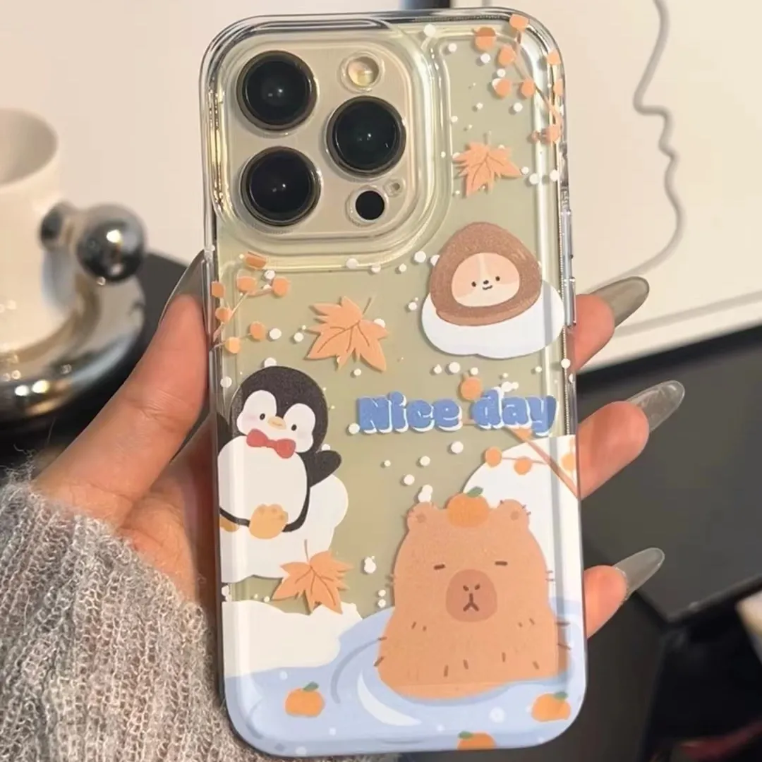 企鹅温泉记适用华为vivo小米oppo荣耀苹果15手机壳iPhone13透明14
