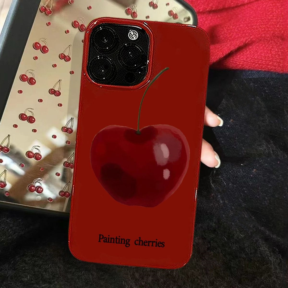 油画樱桃适用苹果15手机壳iPhone13promax酒红14plus防摔12软壳11