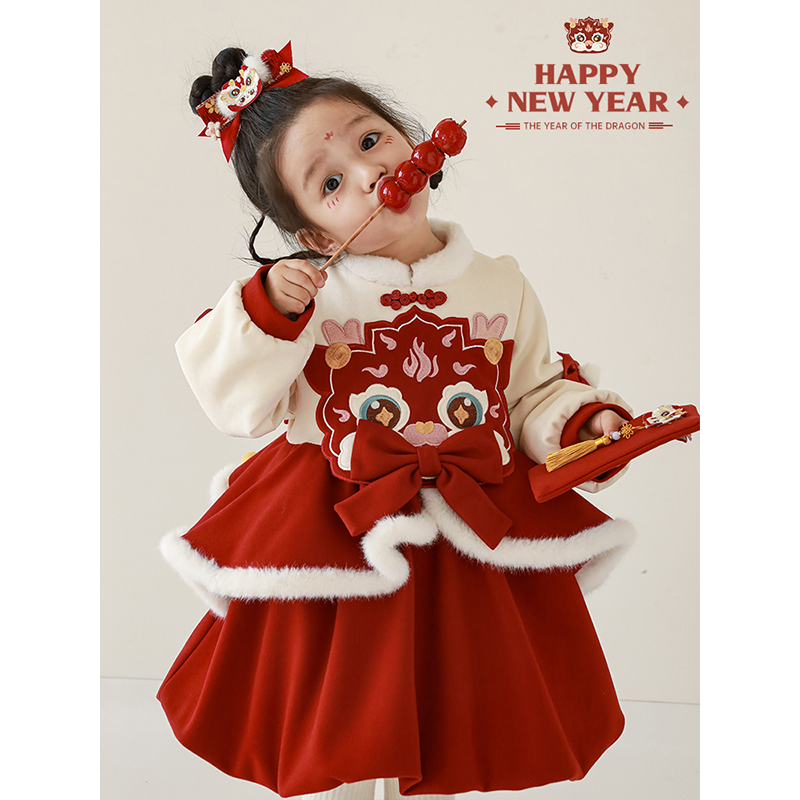 幼悠儿童秋冬季中国风拜年服洋气喜庆女童保暖年服连衣裙D3159