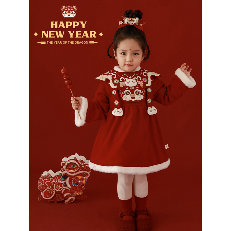 幼悠儿童连衣裙夹棉红色喜庆加厚拜年服中国风宝宝冬季童装ZD3484