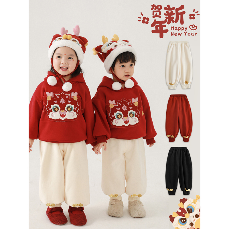 幼悠儿童一体绒裤子宝宝中国风喜庆加绒裤子秋冬保暖拜年服GN4598