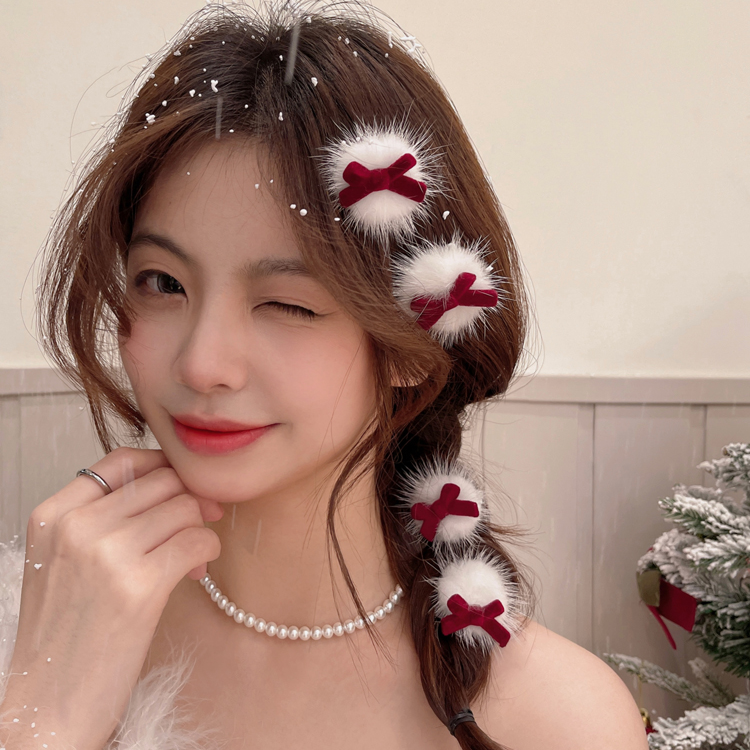 新年红色丝绒蝴蝶结白雪夹子头饰女2024新款前额侧边刘海夹子头饰