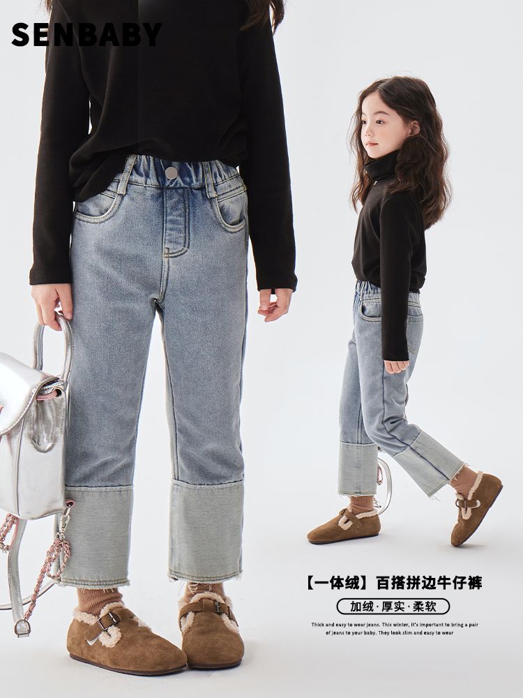 女童裤子冬装新款儿童洋气加厚一体绒牛仔烟管裤加绒直筒裤潮
