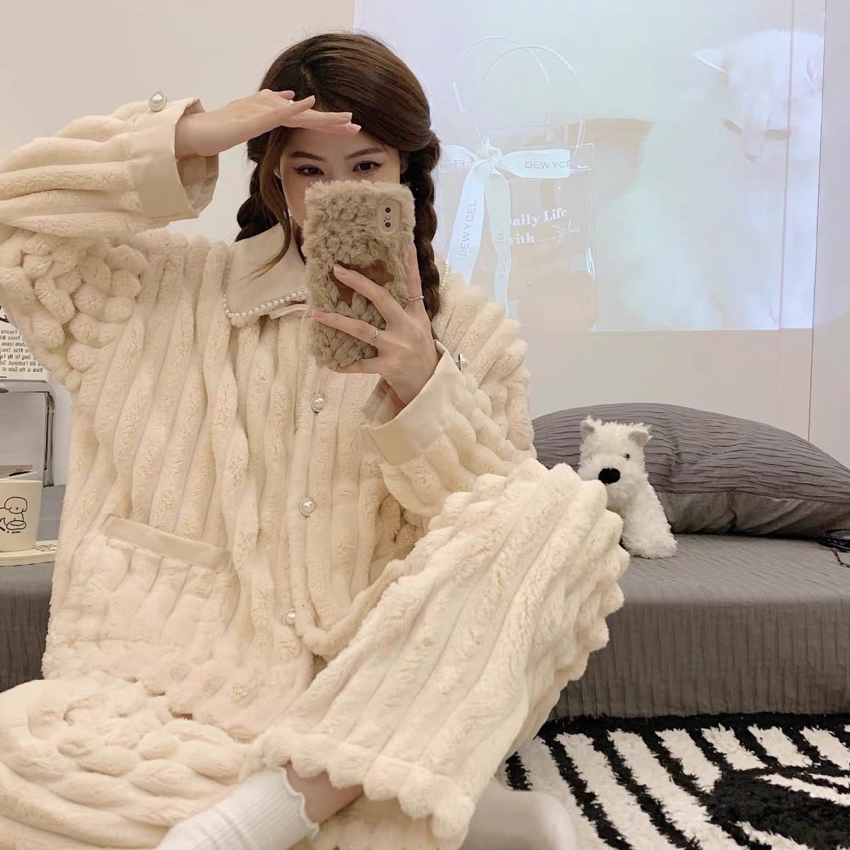 微瑕疵 小香风奶乎秋冬季新款保暖加厚珊瑚绒家居服两件套加绒