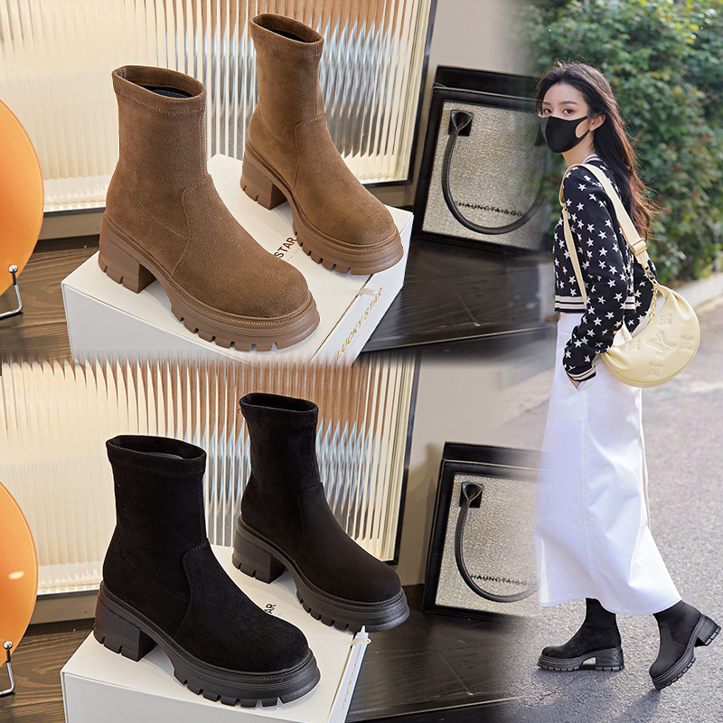 新款弹力袜靴2023秋冬高跟马丁靴女复古短靴女休闲靴子女百搭女靴