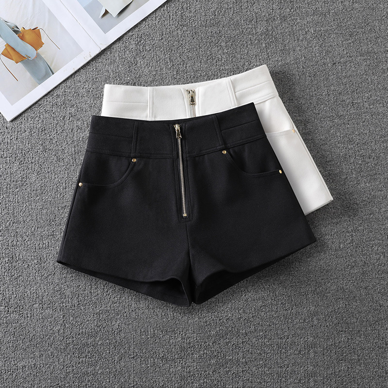 【2420】高腰拉链设计感毛呢短裤女秋冬新款韩版简约保暖阔腿靴裤子