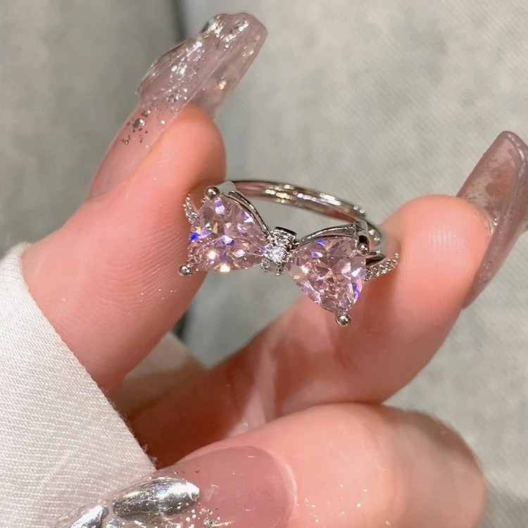 钛钢戒指 「公主的城堡」ins粉色蝴蝶结戒指女粉钻锆石少女微镶指环