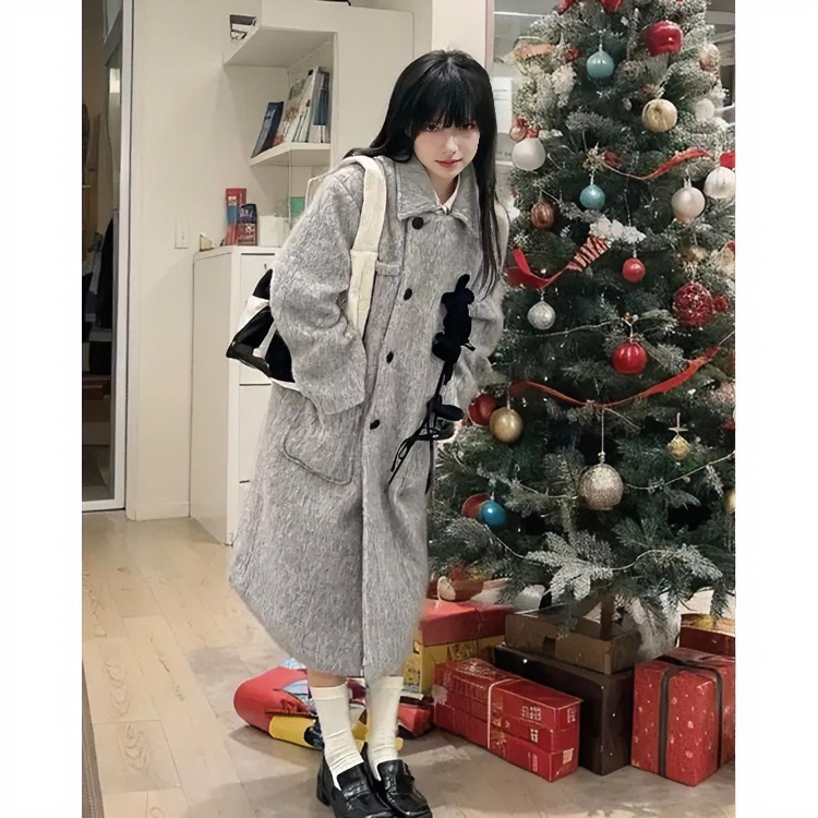 灰色双面毛绒大衣女秋冬季长款2023新款小个子韩系赫本风毛呢外套