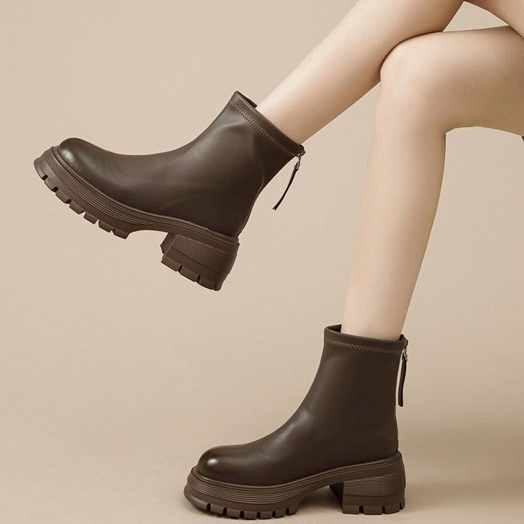 回力瑞马丁靴女2023秋冬新款英伦风平底复古软皮后拉链切尔西短靴