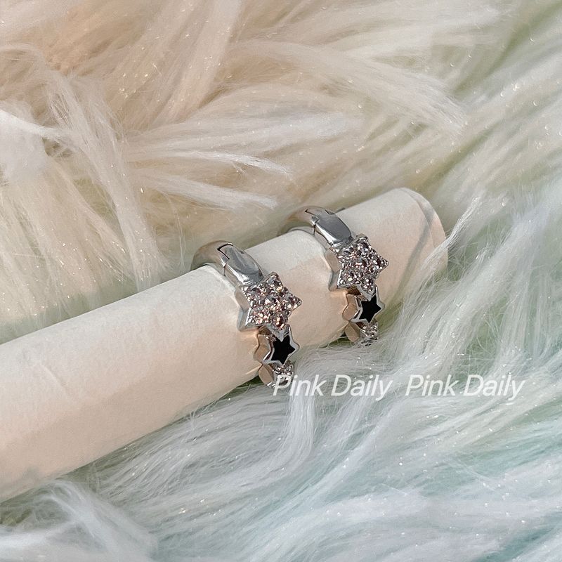 铜合金耳饰 Pink Daily闪耀星星耳扣女镶钻黑色五角星耳环y2k耳